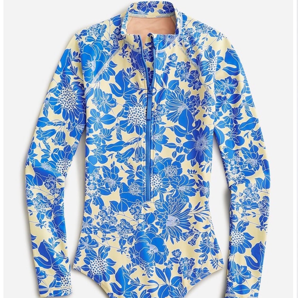 ISO this J Crew long-sleeve one-piece rash guard swim suit in blue floral